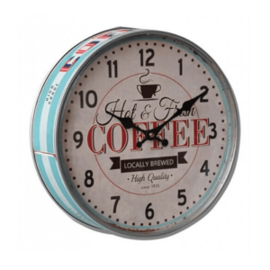 klok in de vorm van koekentrommel met opschrift Coffee